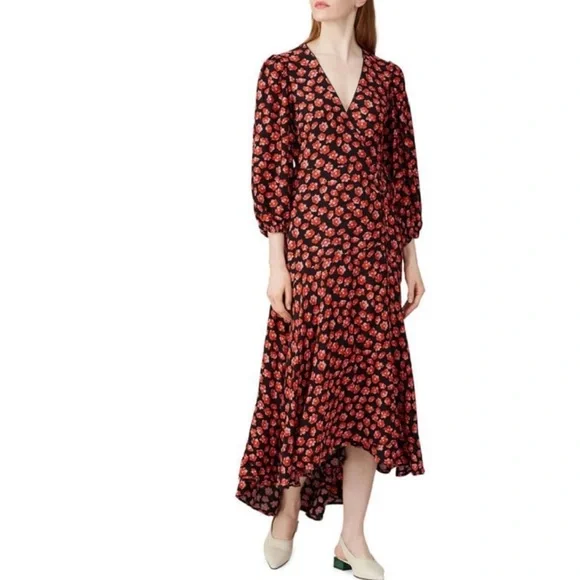 ganni floral print crepe midi wrap dress Ganni Printed Crepe Wrap Dress